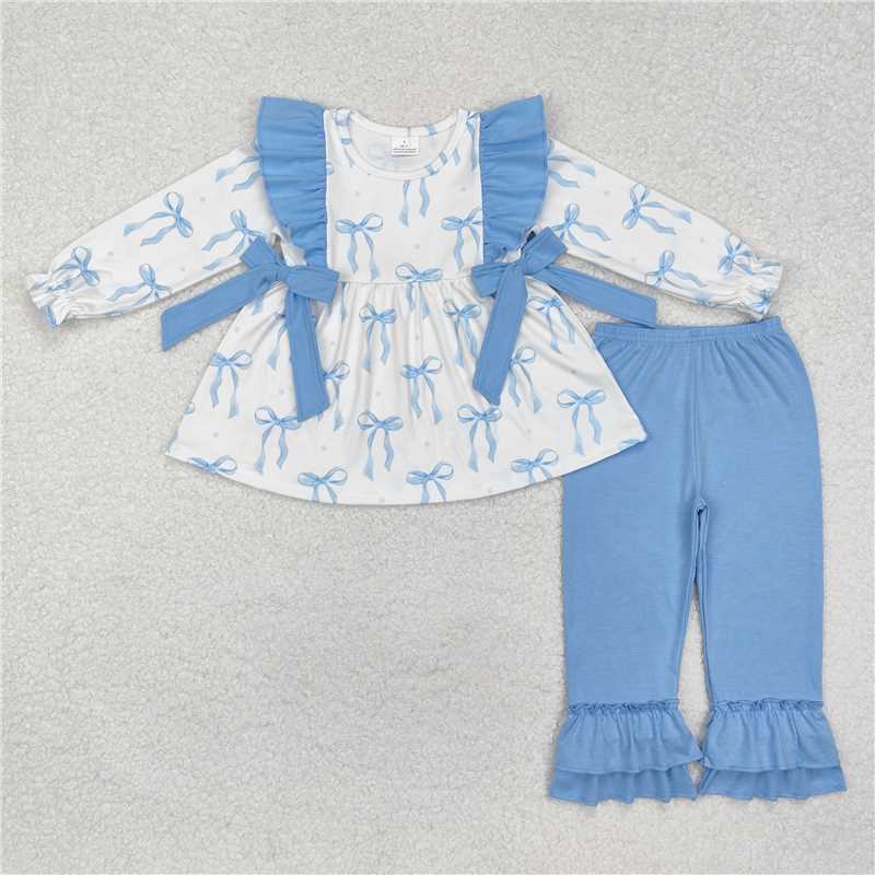 RTS NO MOQ Baby Girls Long Sleeve Outfits GLP2109 Light Blue Bows Tunic Ruffle Pants Clothes Sets