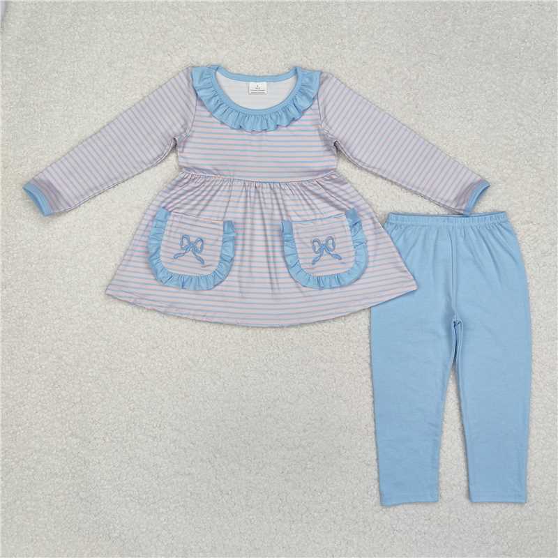 RTS NO MOQ Baby Girls Long Sleeve Outfits GLP1389 Blue Stripes Bow Pockets Tunic Legging Pants Clothes Sets