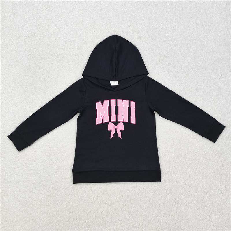 RTS NO MOQ Baby Girls Long sleeve GT0902 Black Long Sleeves Mini Bow Hooded Tops