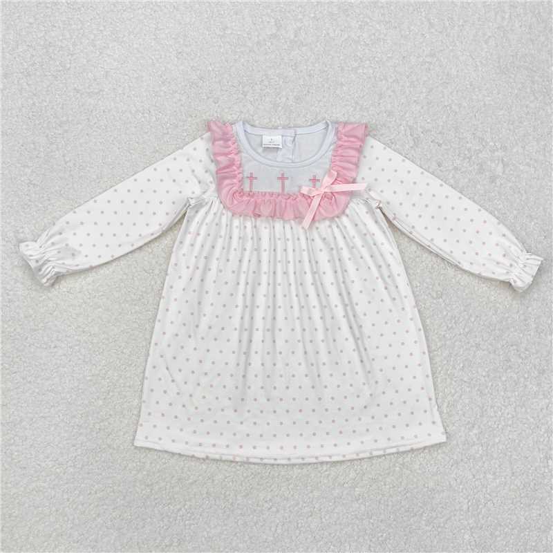 RTS NO MOQ Baby Girls Long Sleeve GLD0981 Pink Polka Dots Cross Easter Knee Length Dresses