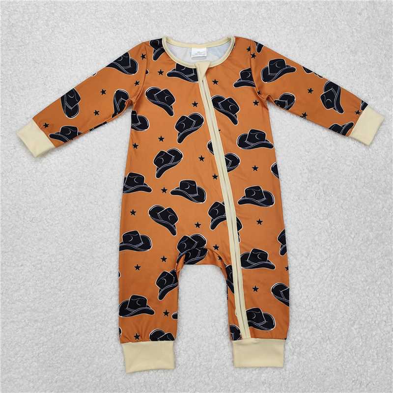 RTS NO MOQ Baby Boys Bodysuit LR1758 Brown Western Hats Long Sleeve Zip Rompers