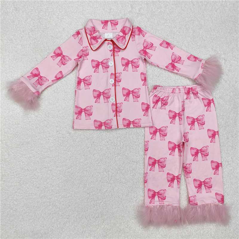 RTS NO MOQ Baby Girls Long Sleeve Outfits GLP2289 Pink Bows Fur Buttons Shirt Pants Pajamas Clothes Sets
