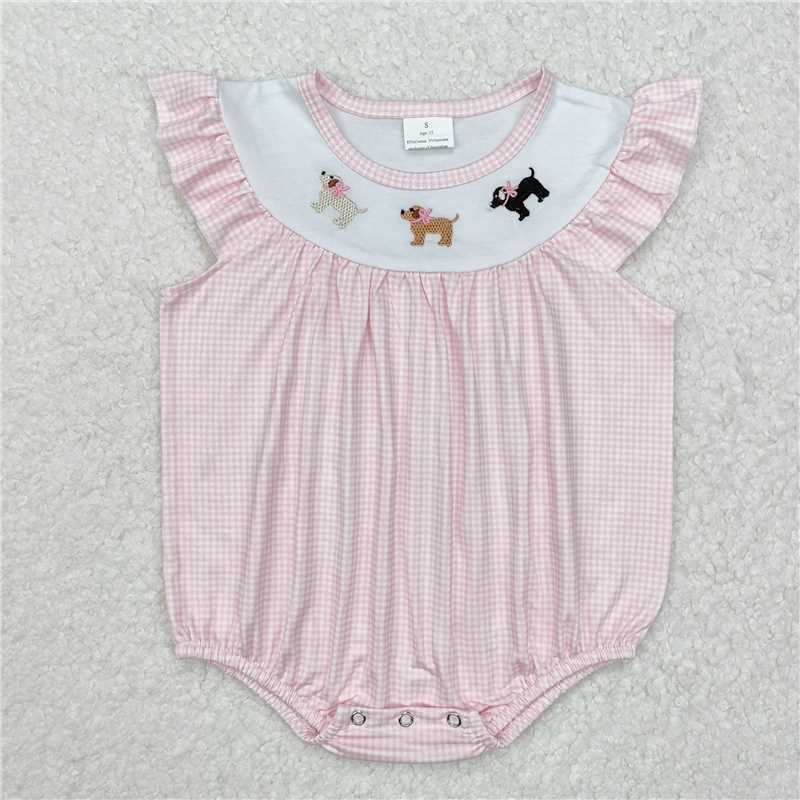 7.11 RTS NO MOQ Summer Baby Girls Bodysuit SR2073 Pink Dogs Bow Flutter Sleeve Rompers