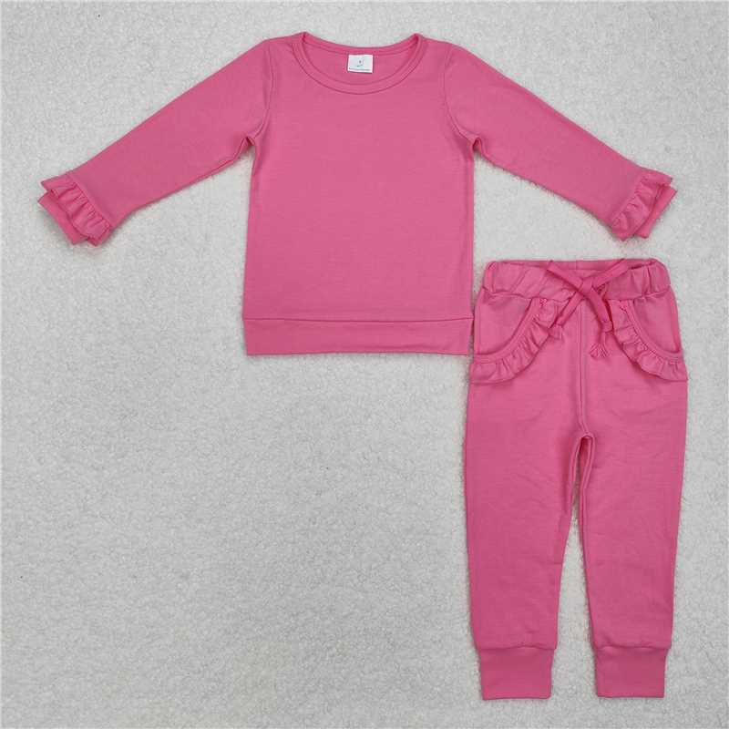 RTS NO MOQ Baby Girls Long Sleeve Outfits GLP2258 Hot Pink Top Ruffle Pockets Pants Jogger Clothes Sets