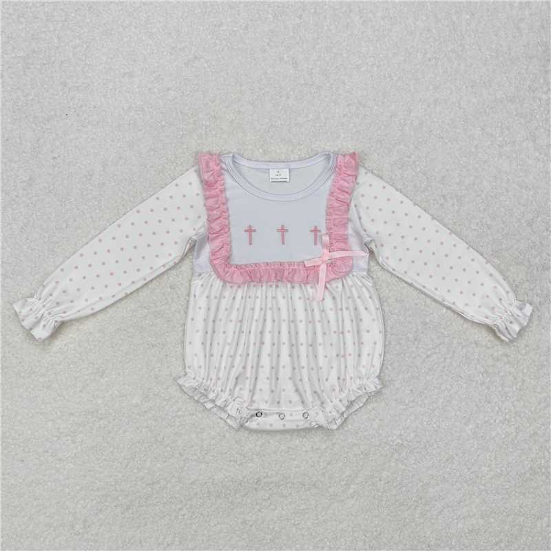 5.14 RTS NO MOQ Baby Girls Bodysuit LR2136 Pink Polka Dots Cross Easter Rompers