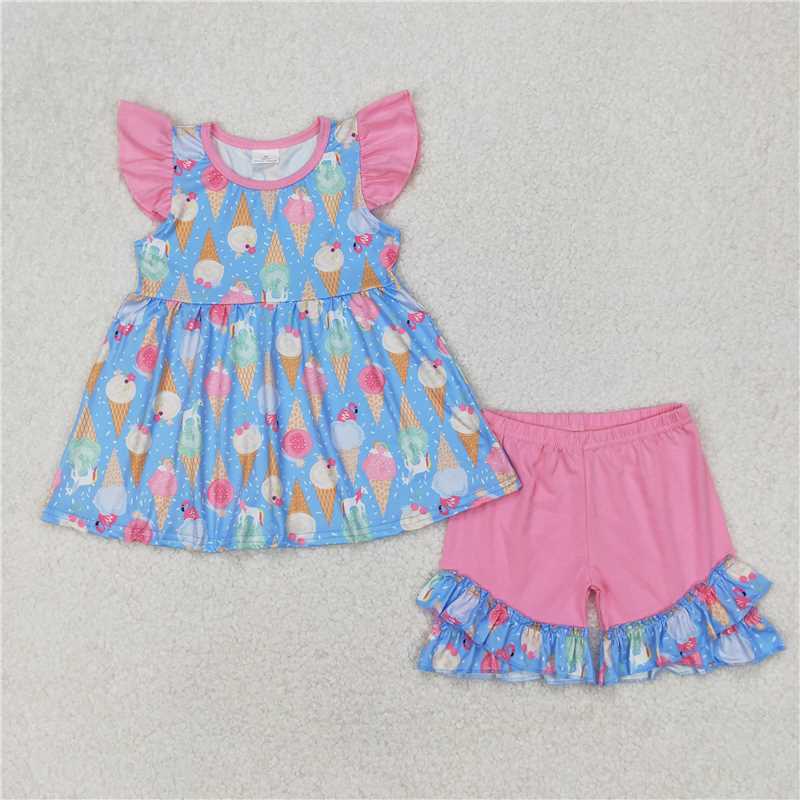 RTS NO MOQ Baby Girls Summer Sets GSSO2402 Pink Flutter Sleeves Ice Cream Tunic Ruffle Short Set