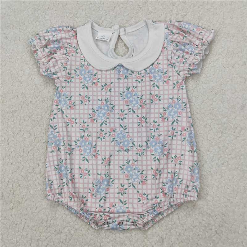 RTS NO MOQ Baby Girls Summer Bodysuit SR2878 Pink Checkered Flowers Short Sleeve Rompers
