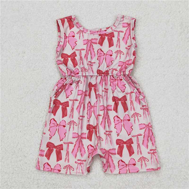RTS NO MOQ Summer Baby Girls Bodysuit SR2670 Pink Bows Sleeveless Pockets Jumpsuits