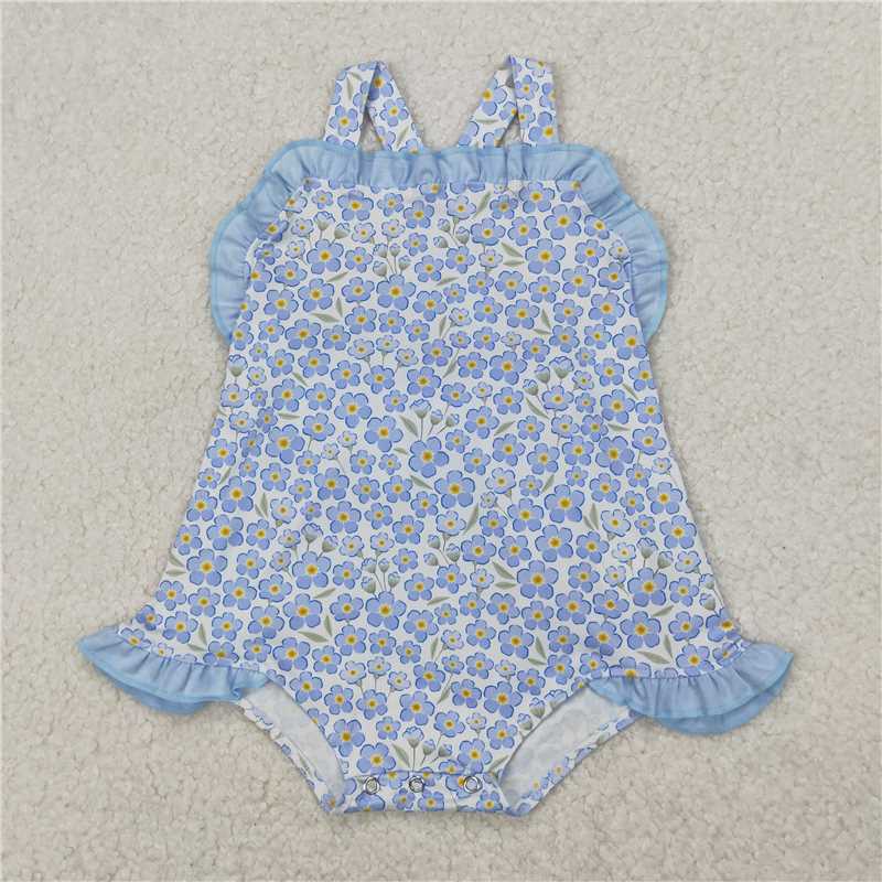 RTS NO MOQ Baby Girls Summer Bodysuit SR2791 Blue Ruffle Flowers Straps Rompers