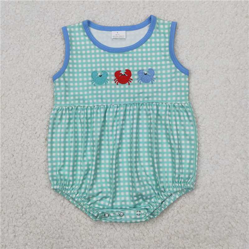 RTS NO MOQ Baby Boys Summer Bodysuit SR2660 Green Sleeveless Checkered Crabs Rompers