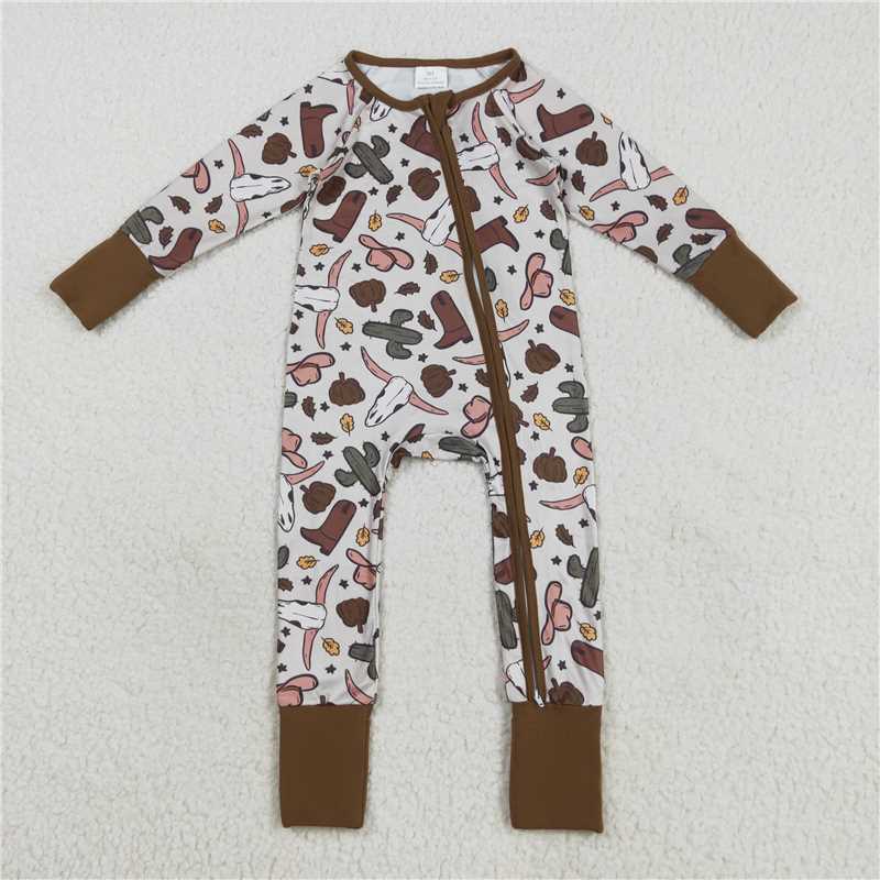 11.12 LR2334 Baby Boys Western Brown Long Sleeves Bull Skull Cactus Zipper Rompers