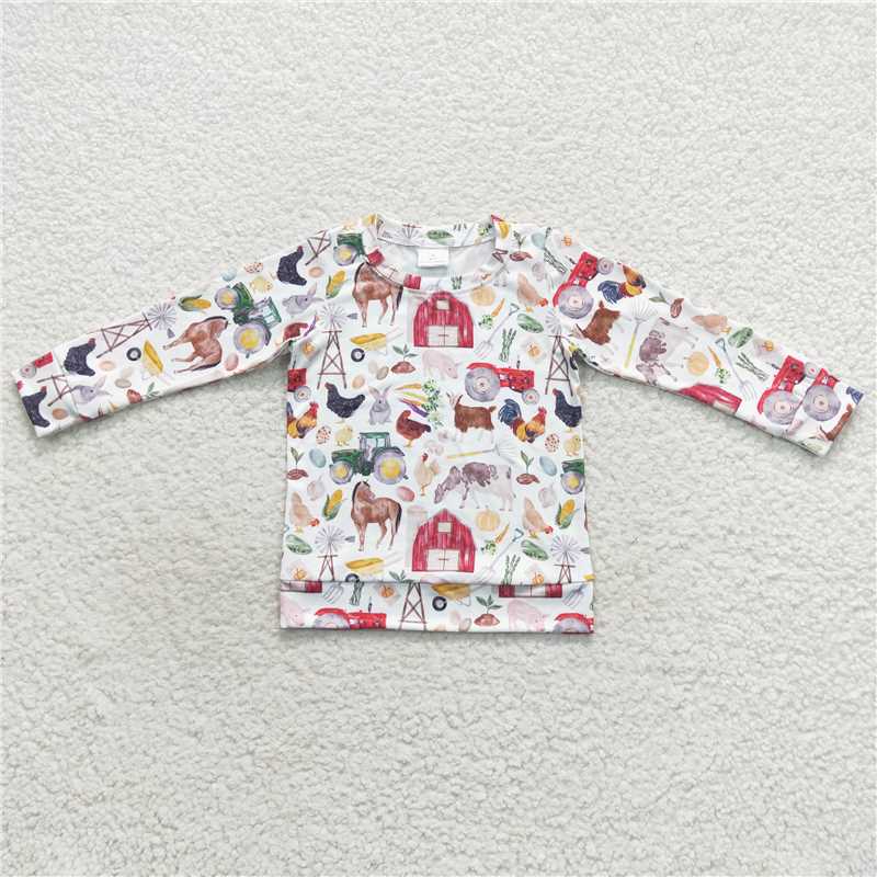 7.21 RTS NO MOQ Baby Boys Long Sleeve BT0304 Farm Long Sleeve Chicken Tee Shirt Tops