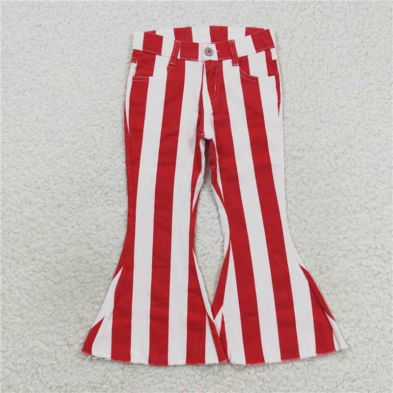 RTS NO MOQ Baby Girls Pants P0246 Christmas Red Stripes Denim Bell Pants