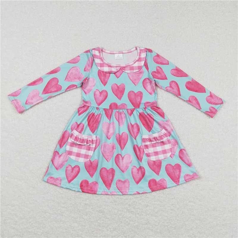6.13 RTS NO MOQ Baby Girls Long Sleeve GLD0455 Valentines Hearts Pockets Knee Length Dresses