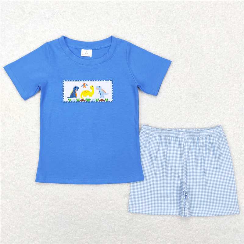 RTS NO MOQ Baby Boys kids Summer Sets BSSO0293 Dinosaur Blue Tee Shirts Shorts Clothes Sets