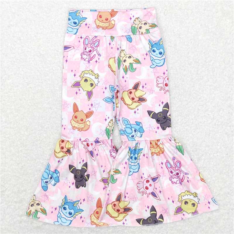 5.23 RTS NO MOQ Baby Girls Long Pants P0384 Pink Animal Plaid Stars Flare Bell Bottom Pants