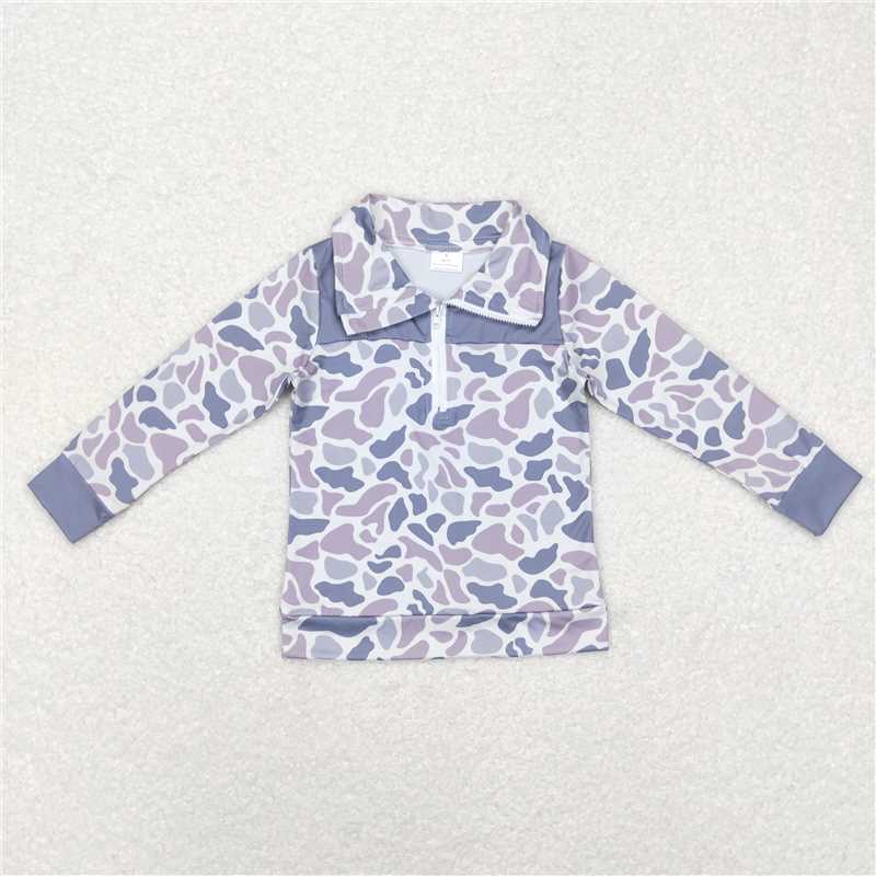 5.20 RTS NO MOQ Baby Boys Long Sleeve BT0467 Grey Camo Zip Patchwork Pullovers Tops
