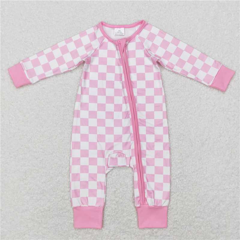 7.28 RTS NO MOQ Baby Girls Bodysuit LR0810 Pink Checkered Long Sleeve Zip Sleepers Rompers