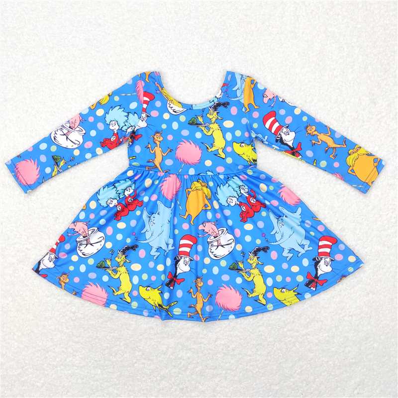 6.13 RTS NO MOQ Baby Girls Long Sleeve GLD0458 Dr Reading Hats Long Sleeve Twirl Dresses