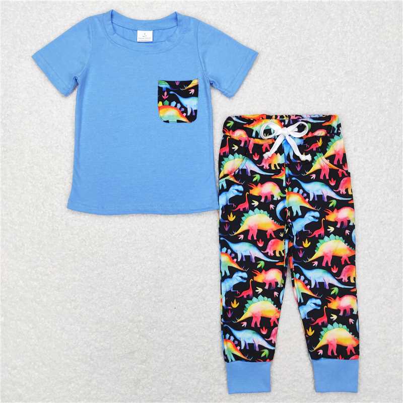 5.27 RTS NO MOQ Baby Boys Summer Sets BSPO0206 Colorful Dinosaur Pocket Tee Pants Clothes Sets