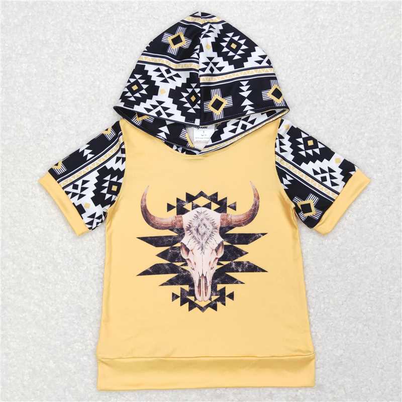 7.17 RTS NO MOQ Summer Baby Boys Shirt BT0458 Western Cow Skull Short Sleeve Hooded Tops