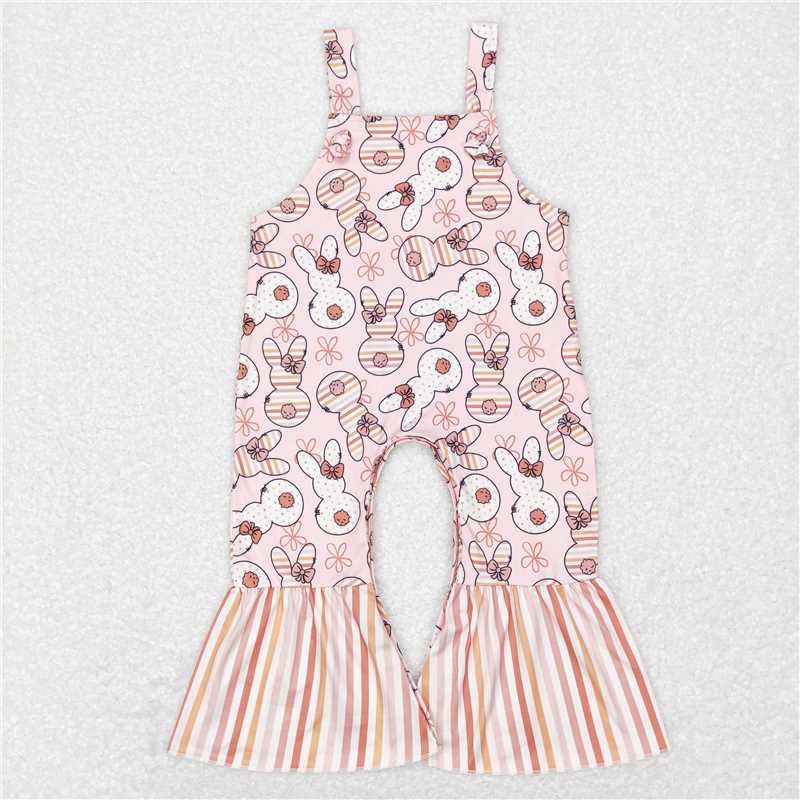 RTS NO MOQ Summer Baby Girls Bodysuit SR0577 Easter Pink Straps Rabbits Bell Pants Jumpsuits