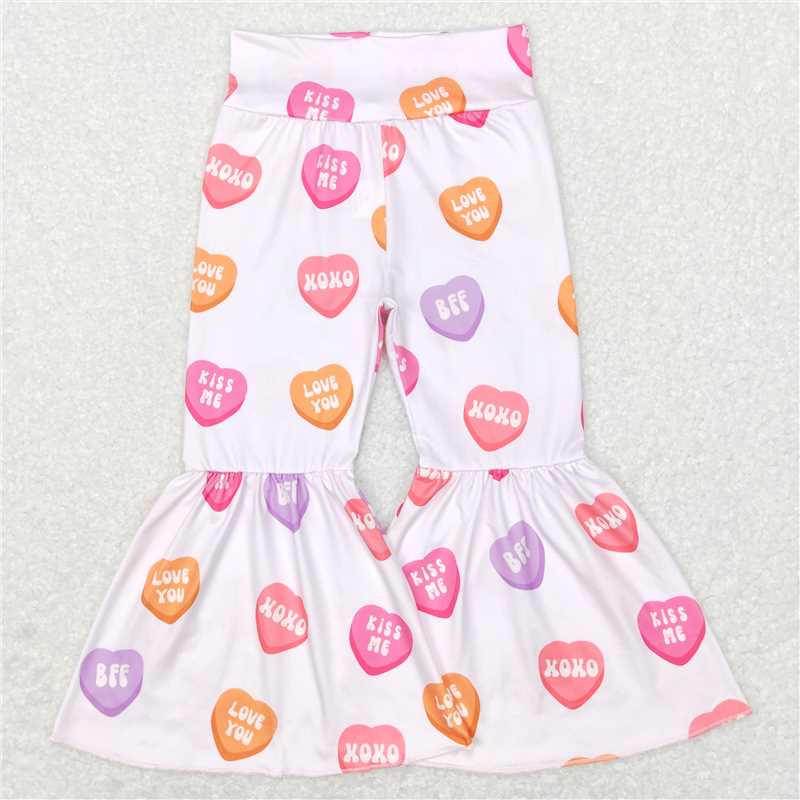 5.23 RTS NO MOQ Baby Girls Long Pants P0367 Valentines Hearts Pink Flare Bell Bottom Pants