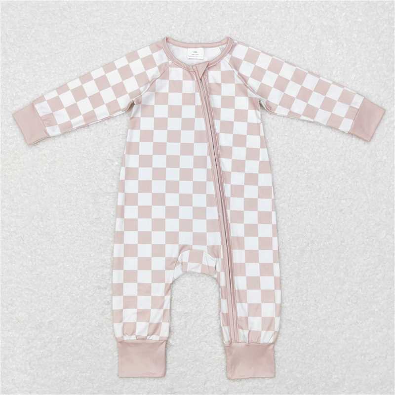 7.7 RTS NO MOQ Baby Boys Bodysuit LR0809 Khaki Checkered Long Sleeve Zip Sleepers Rompers