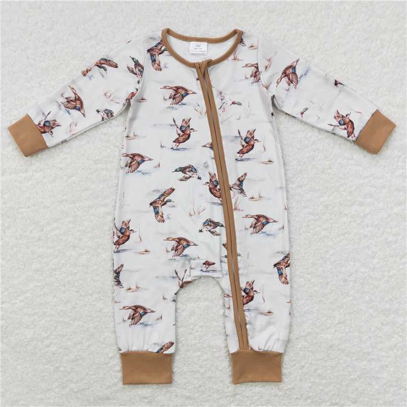 7.7 RTS NO MOQ Baby Boys Bodysuit LR0816 Duck Hunting Long Sleeve Zip Sleepers Rompers