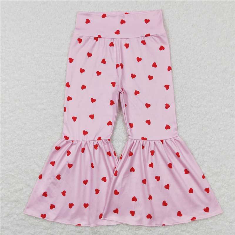 RTS NO MOQ Baby Girls Long Pants P0339 Valentine's Day Pink Hearts Bell Bottom Pants