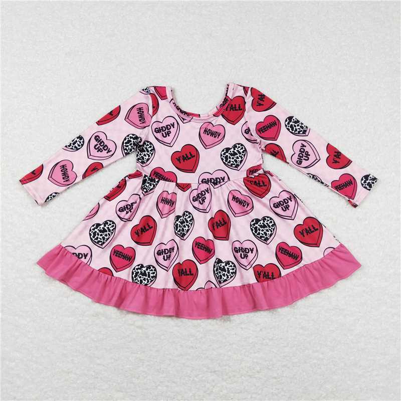 6.13 RTS NO MOQ Baby Girls Long Sleeve GLD0422 Valentines Hearts Western Knee Length Dresses