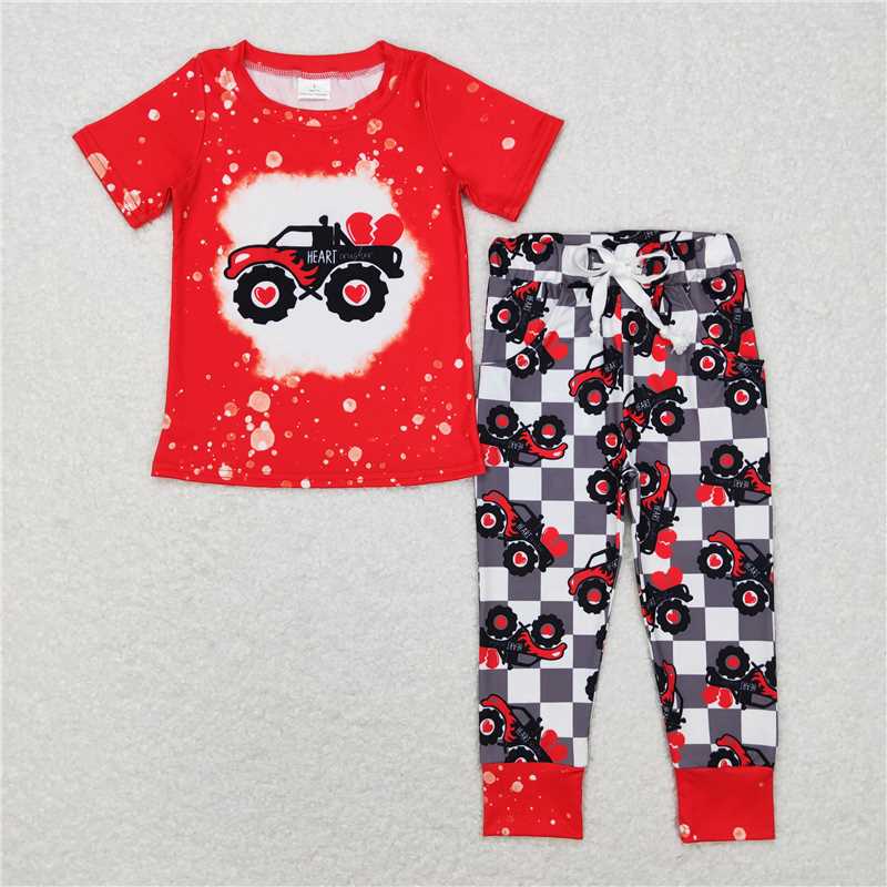 5.27 RTS NO MOQ Baby Boys Summer Sets BSPO0227 Valentines Tractor Short Sleeve Top Pants Clothes Sets