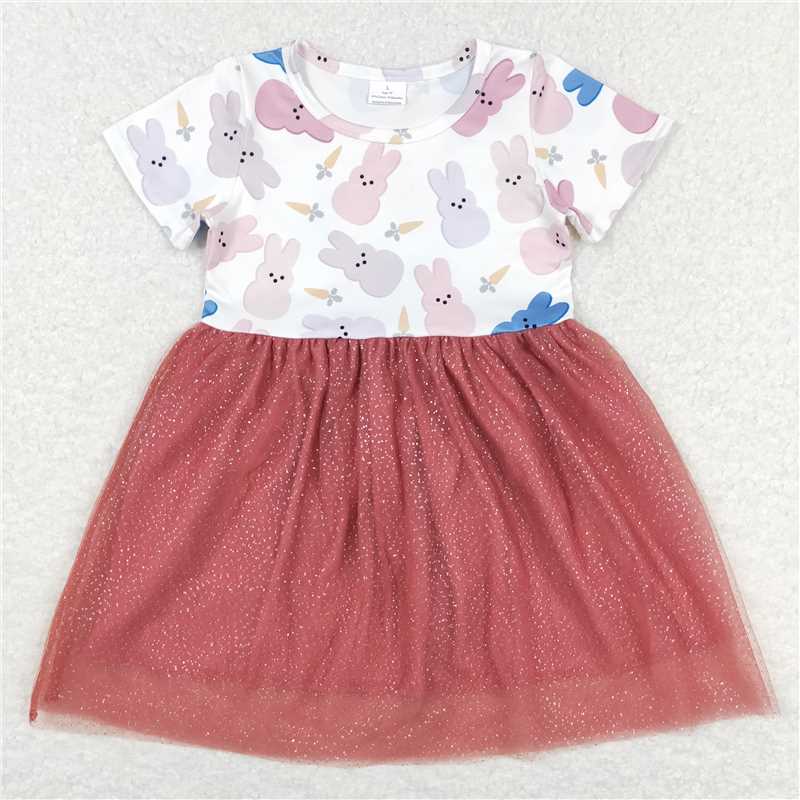 8.1 RTS NO MOQ Summer Baby Girls Dresses GSD0604 Easter Rabbit Short Sleeve Tutu Knee Length Dresses