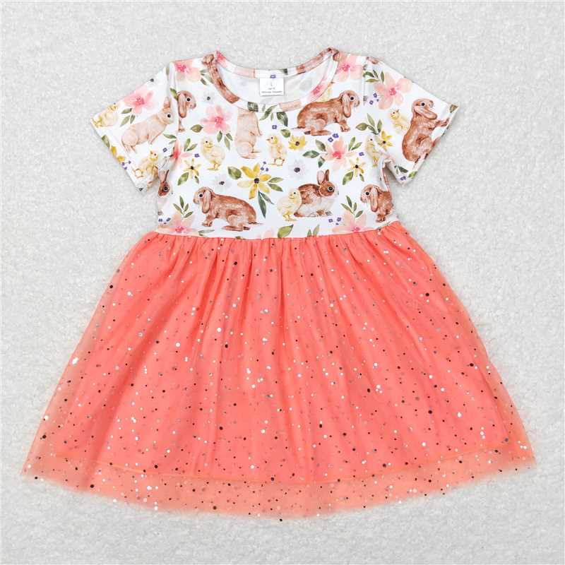 8.1 RTS NO MOQ Summer Baby Girls Dresses GSD0605 Toddler Easter Rabbit Pink Short Sleeve Tutu Knee Length Dresses