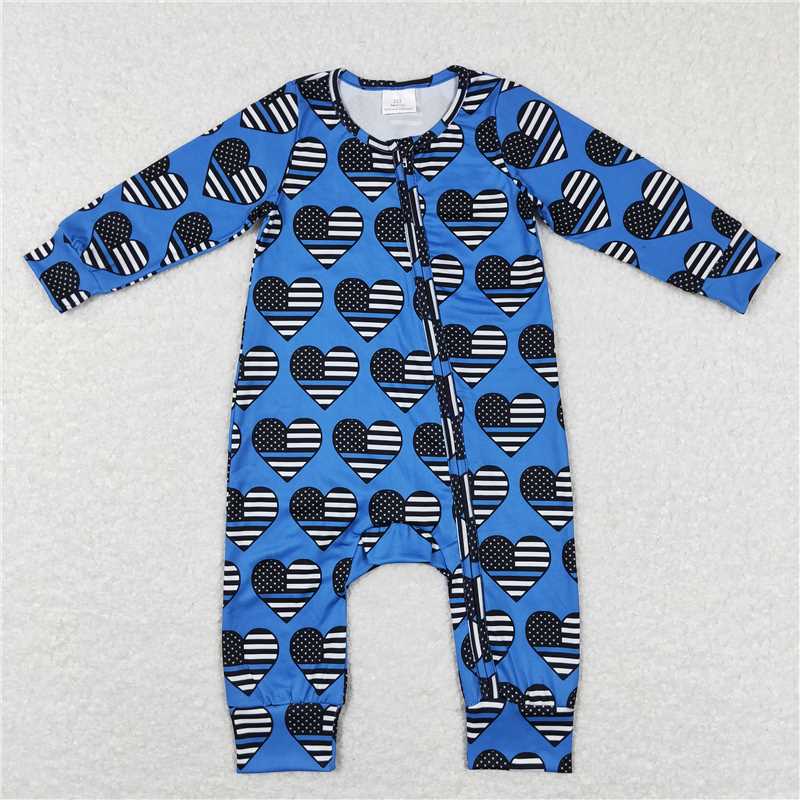 7.7 RTS NO MOQ Baby Boys Bodysuit LR0850 Flag Hearts Blue Long Sleeve Zip Rompers