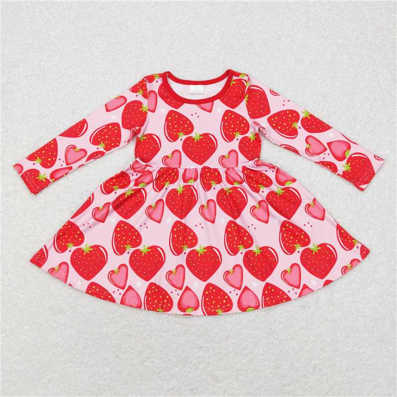 6.13 RTS NO MOQ Baby Girls Long Sleeve GLD0469 Long Sleeve Strawberry Knee Length Dresses