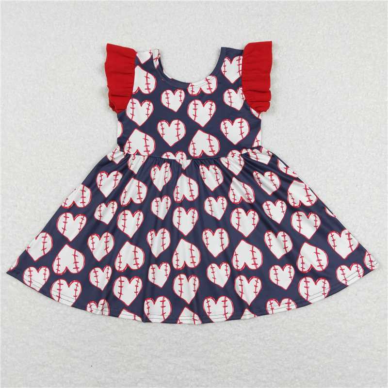 8.1 RTS NO MOQ Summer Baby Girls Dresses GSD0514 Flutter Sleeve Baseball Red Twirl Knee Length Dresses