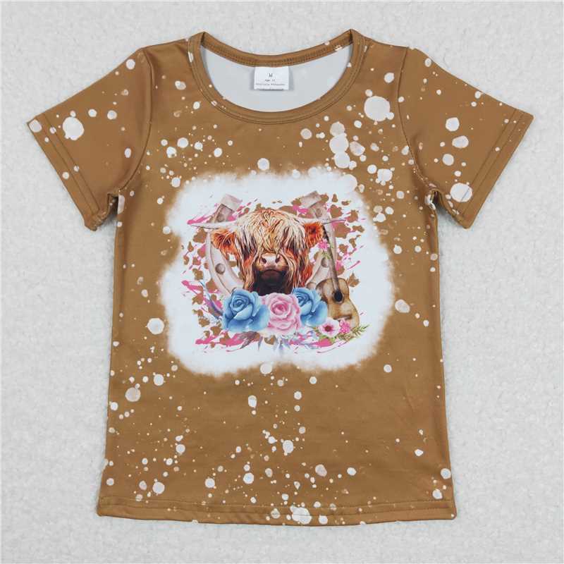 5.20 RTS NO MOQ Summer Baby Girls Short Sleeve GT0333 Highland Cow Flowers Tee Shirts Tops