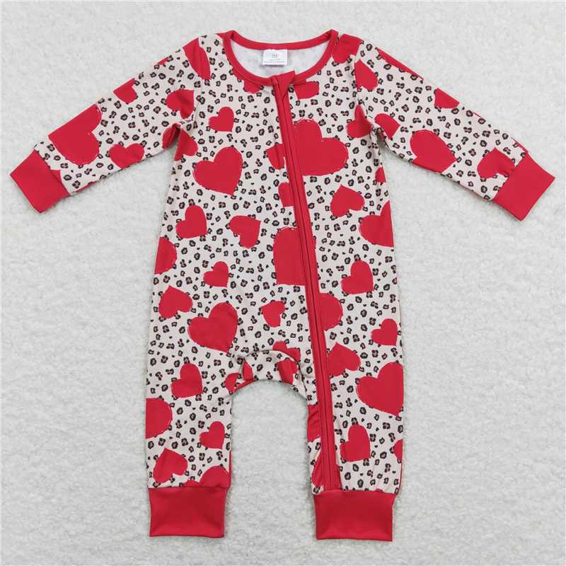 7.28 RTS NO MOQ Baby Girls Bodysuit LR0775 Valentines Hearts Leopard Long Sleeve Zip Rompers