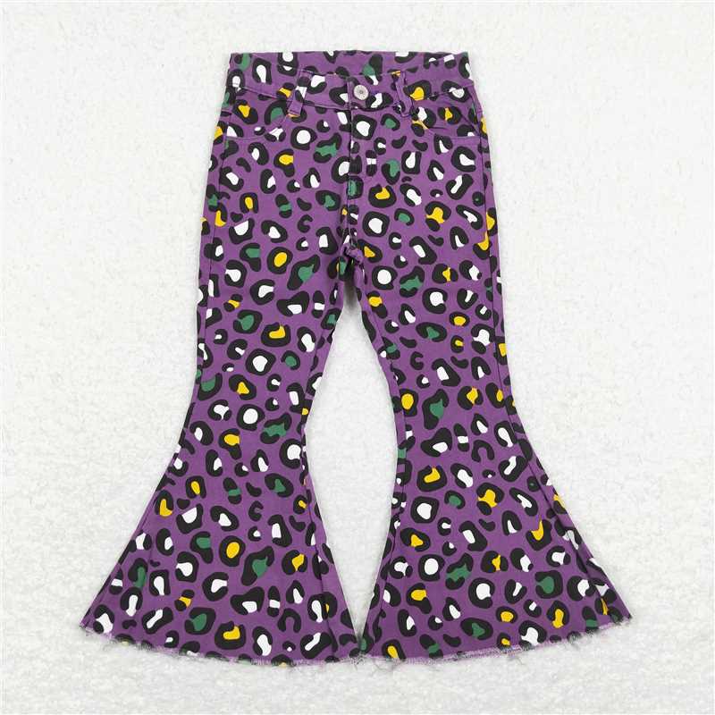 RTS NO MOQ Baby Girls Pants P0313 Mardi Gras Purple Leopard Bell Denim Pants Jeans