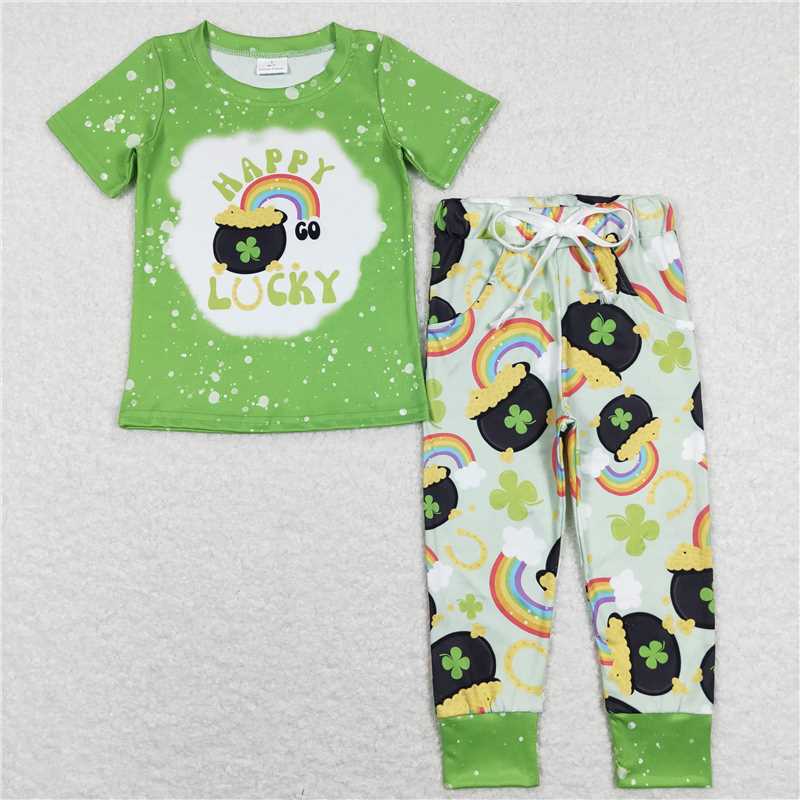 5.27 RTS NO MOQ Baby Boys Summer Sets BSPO0219 Happy Lucky Shirts Tops St Patrick Day Pants Clothes Sets
