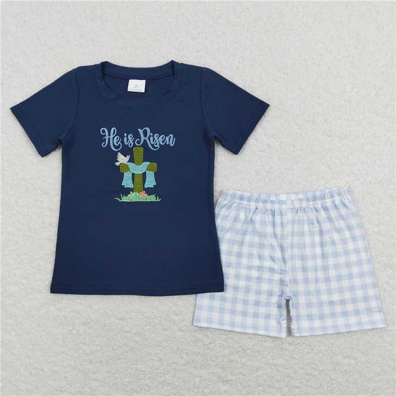 RTS NO MOQ Baby Boys kids Summer Sets BSSO0319 Easter He Is Risen Shirt Tee Black Shorts Clothes Sets