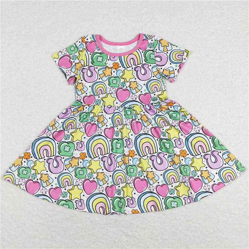 8.1 RTS NO MOQ Summer Baby Girls Dresses GSD0537 Short Sleeve St Patrick Day Rainbow Knee Length Dresses