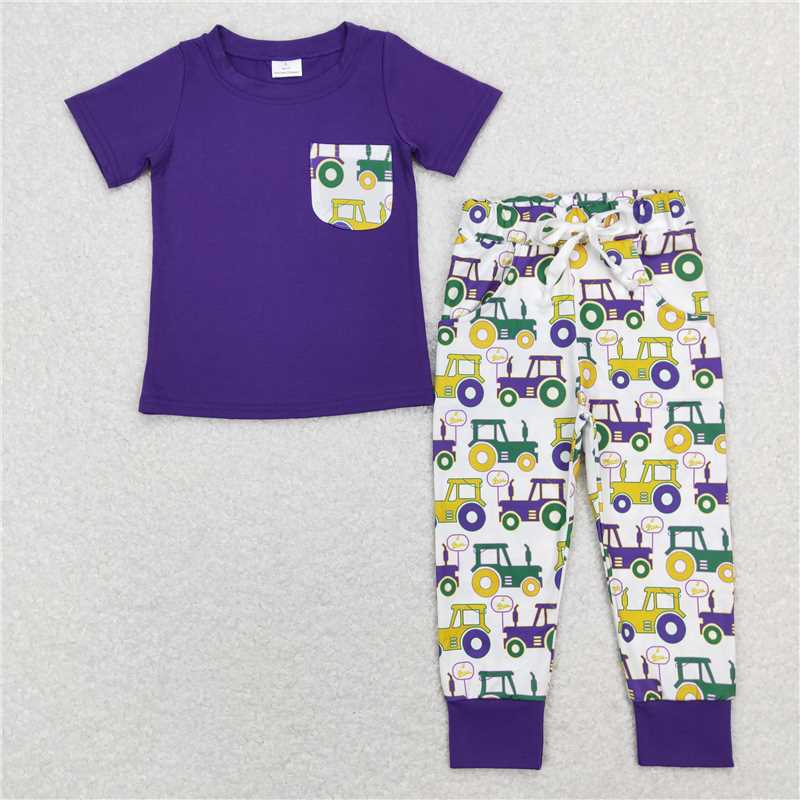 5.27 RTS NO MOQ Baby Boys Summer Sets BSPO0278 Mardi Gras Pocket Top Tractor Pants Clothes Sets