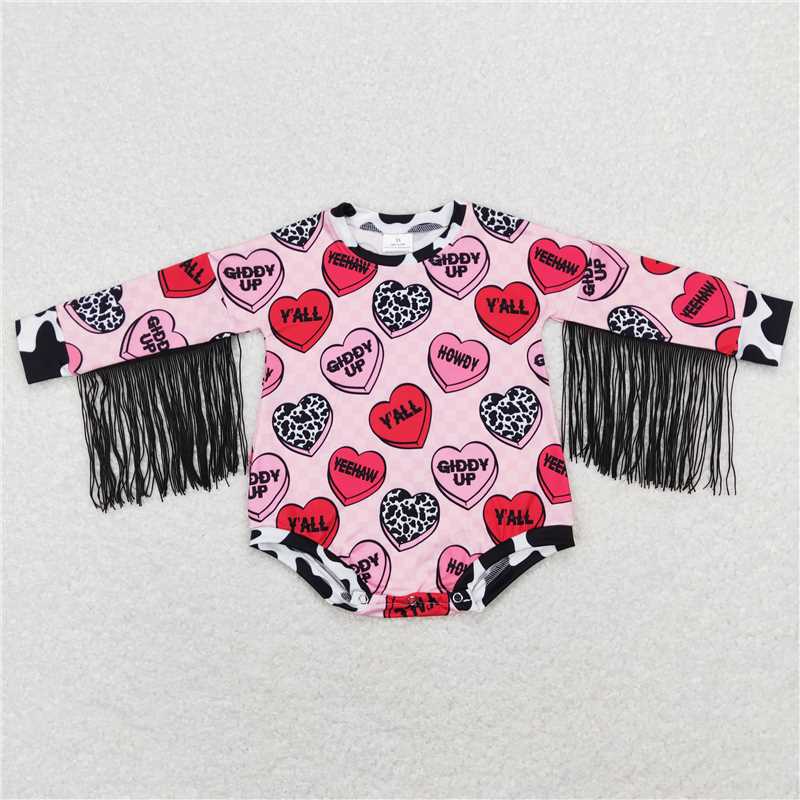 7.28 RTS NO MOQ Baby Girls Bodysuit LR0815 Valentines Hearts Long Sleeve Tassel Rompers