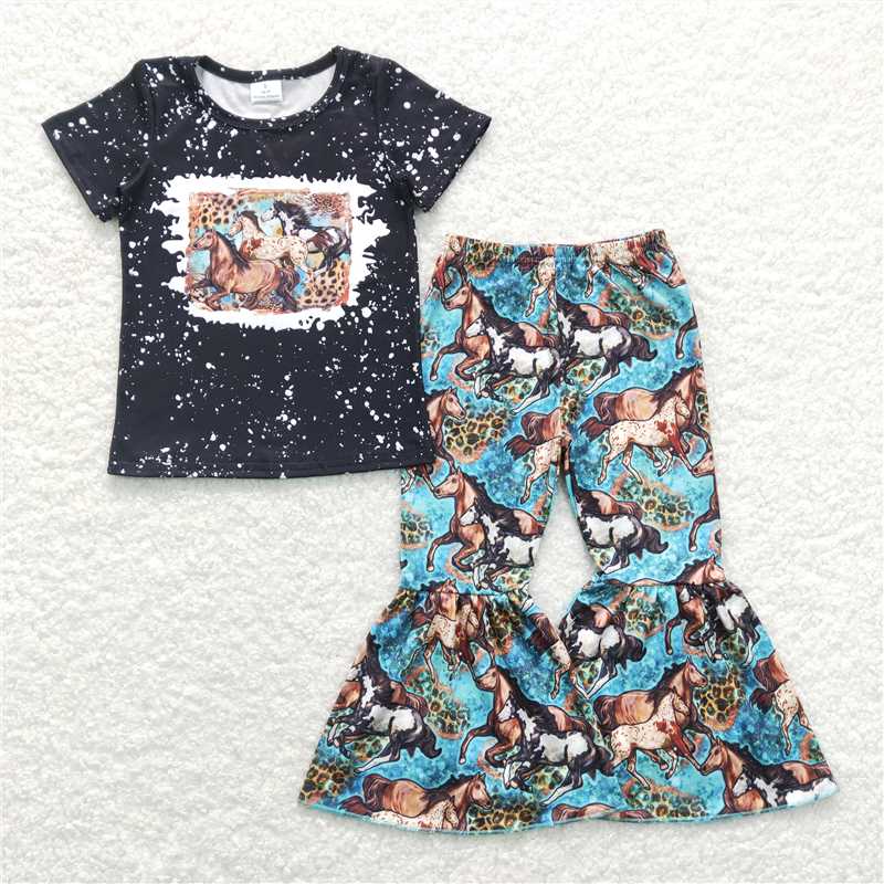 7.2 RTS NO MOQ Baby Girls Summer Kids Sets GSPO1199 Western Horse Tee Top Bell Pants Western Outfits Sets