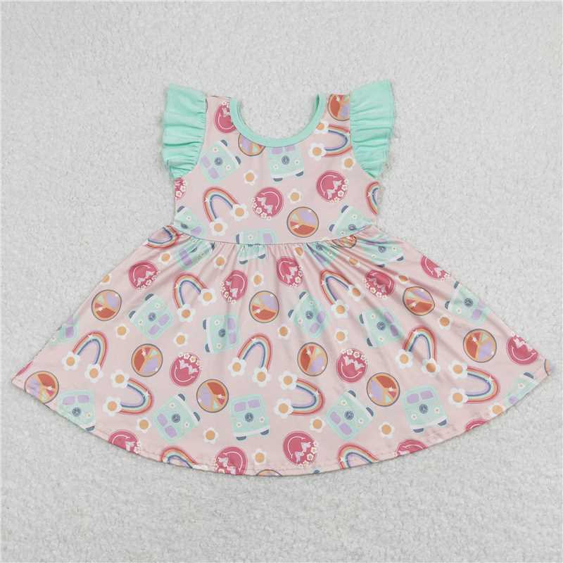 8.1 RTS NO MOQ Summer Baby Girls Dresses GSD0717 Rainbow Bus Flutter Sleeve Twirl Dresses