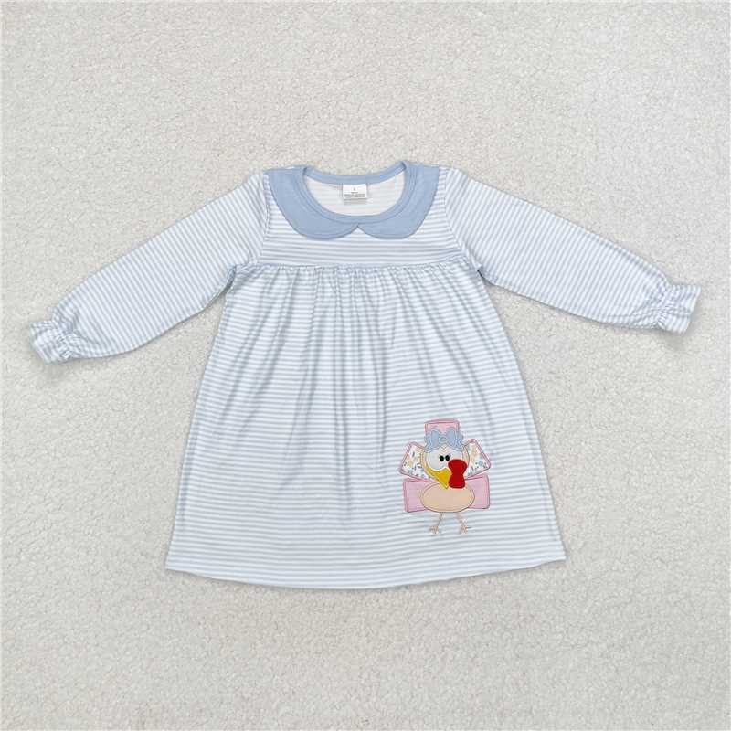 5.15 RTS NO MOQ Baby Girls Long Sleeve GLD0603 Blue Turkey Thanksgiving Knee Length Dresses