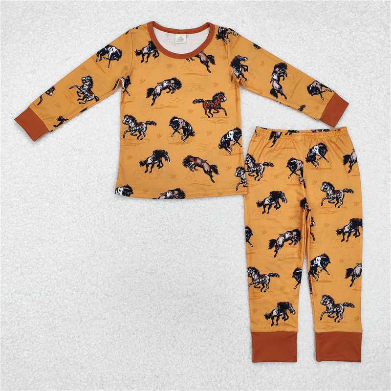 RTS NO MOQ Baby Boys Sets BLP0899 Western Horse Bamboo Brown Pajamas Clothes Sets