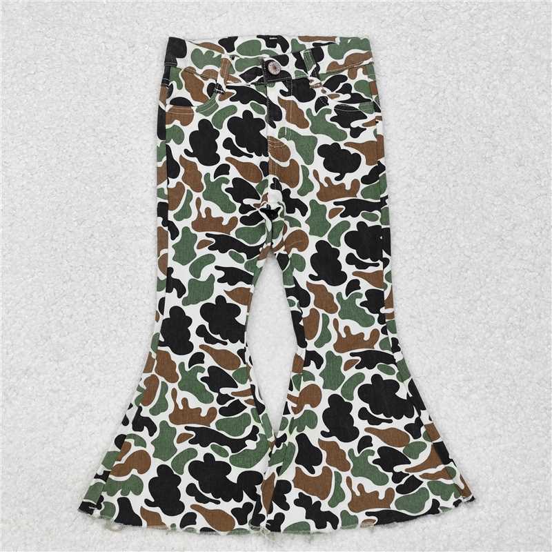 RTS NO MOQ Baby girls pants P0582 Brown Camo Fall Bell Flare Denim Jeans